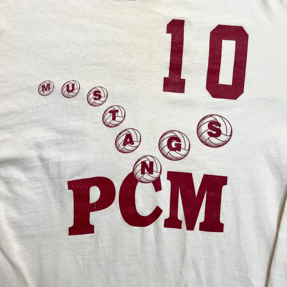 Vintage 90s Hanes PCM Mustangs Volleyball T-Shirt White Long Sleeve 10 Graphic